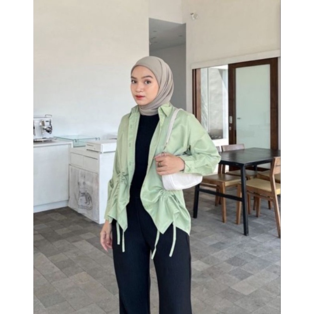 kemeja oversize serut depan atasan wanita rayon twill terbaru kekinian