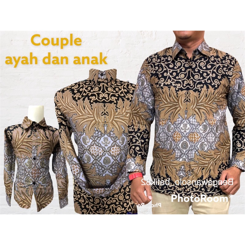 CH Baju Batik couple ayah dan anak,Baju Batik pria pasangan ayah dan anak,baju batik Pria lengan panjang lapisan furing hero,warna coklat,warna gold,kemeja batik kantoran,jumbo,batik modren,batik solo,batik kemeja lapisan furing