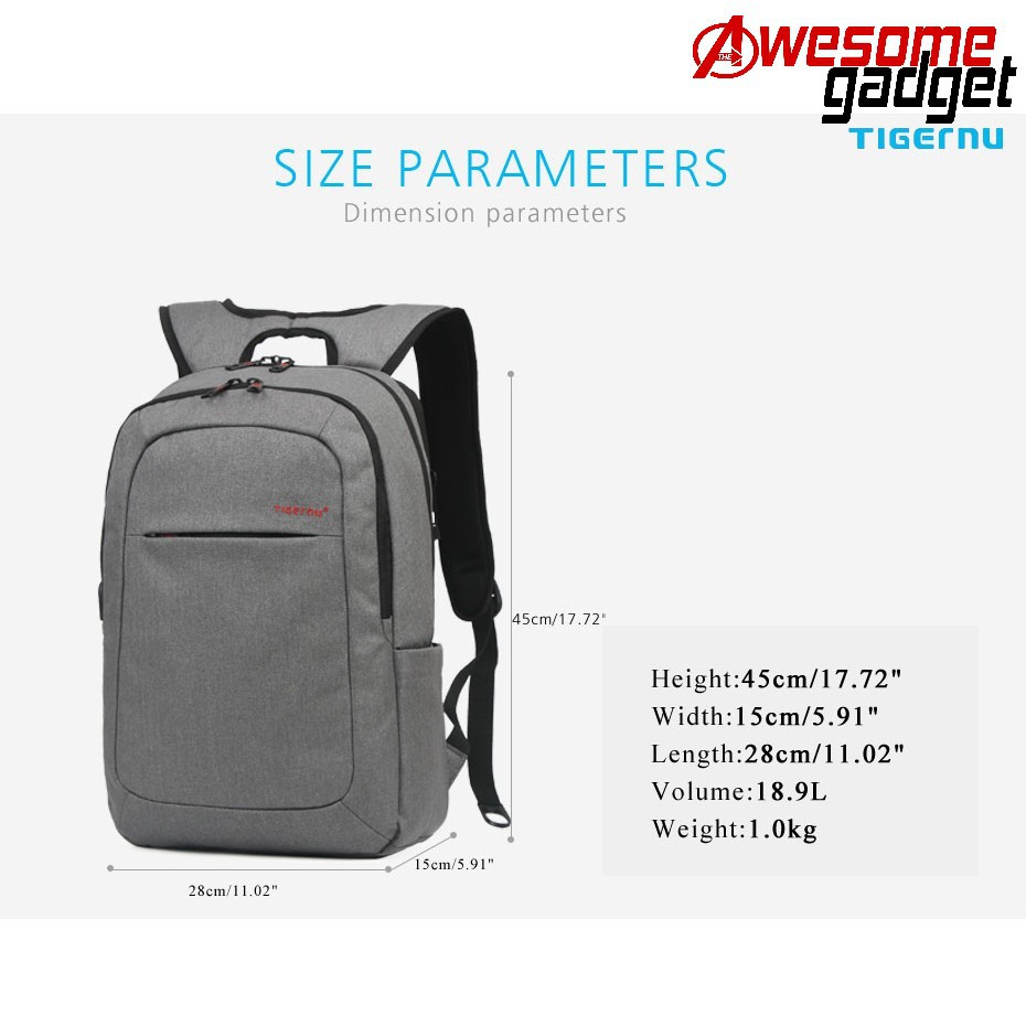 Tas Tigernu T-B3090A Ransel Anti-Theft Mochila untuk Laptop 14-15 Inch