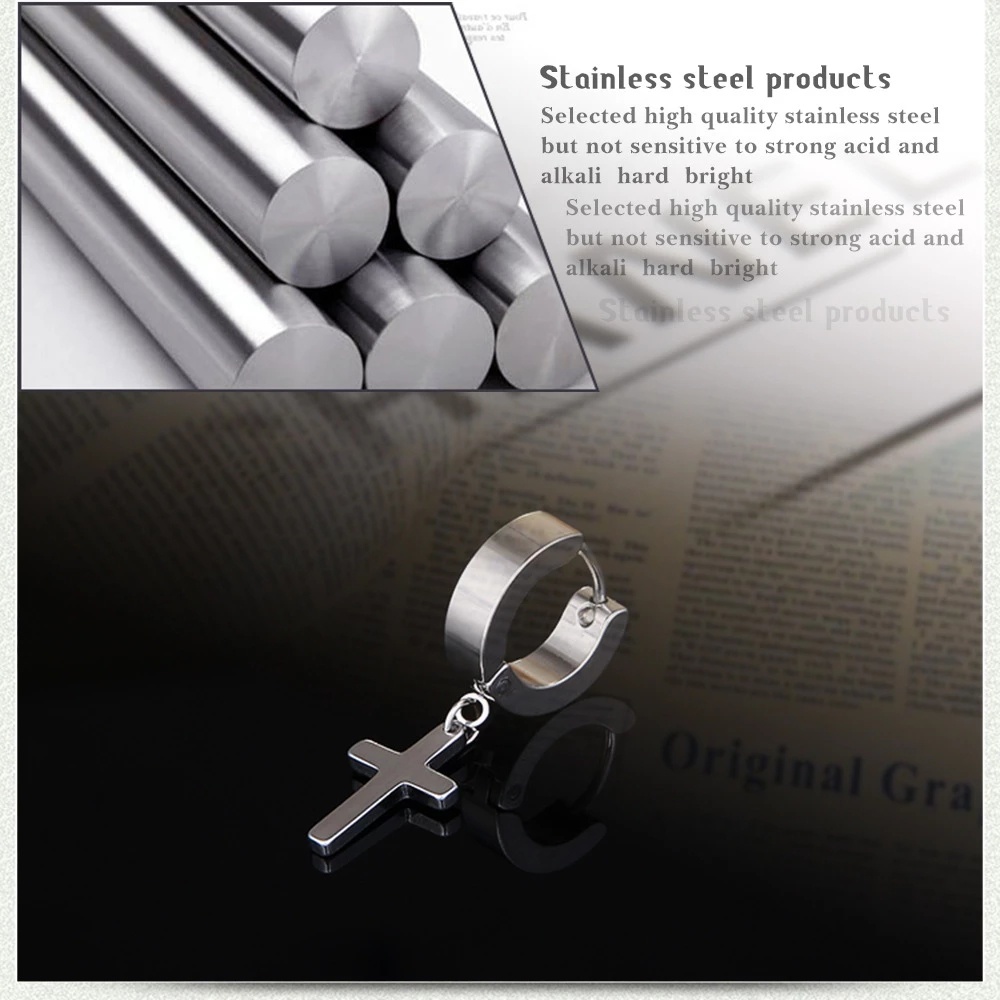1 Pc Anting Stud Anti Pudar Bentuk Bulat Salib Bahan Titanium Gaya Hip Hop Punk Untuk Pria Dan Wanita