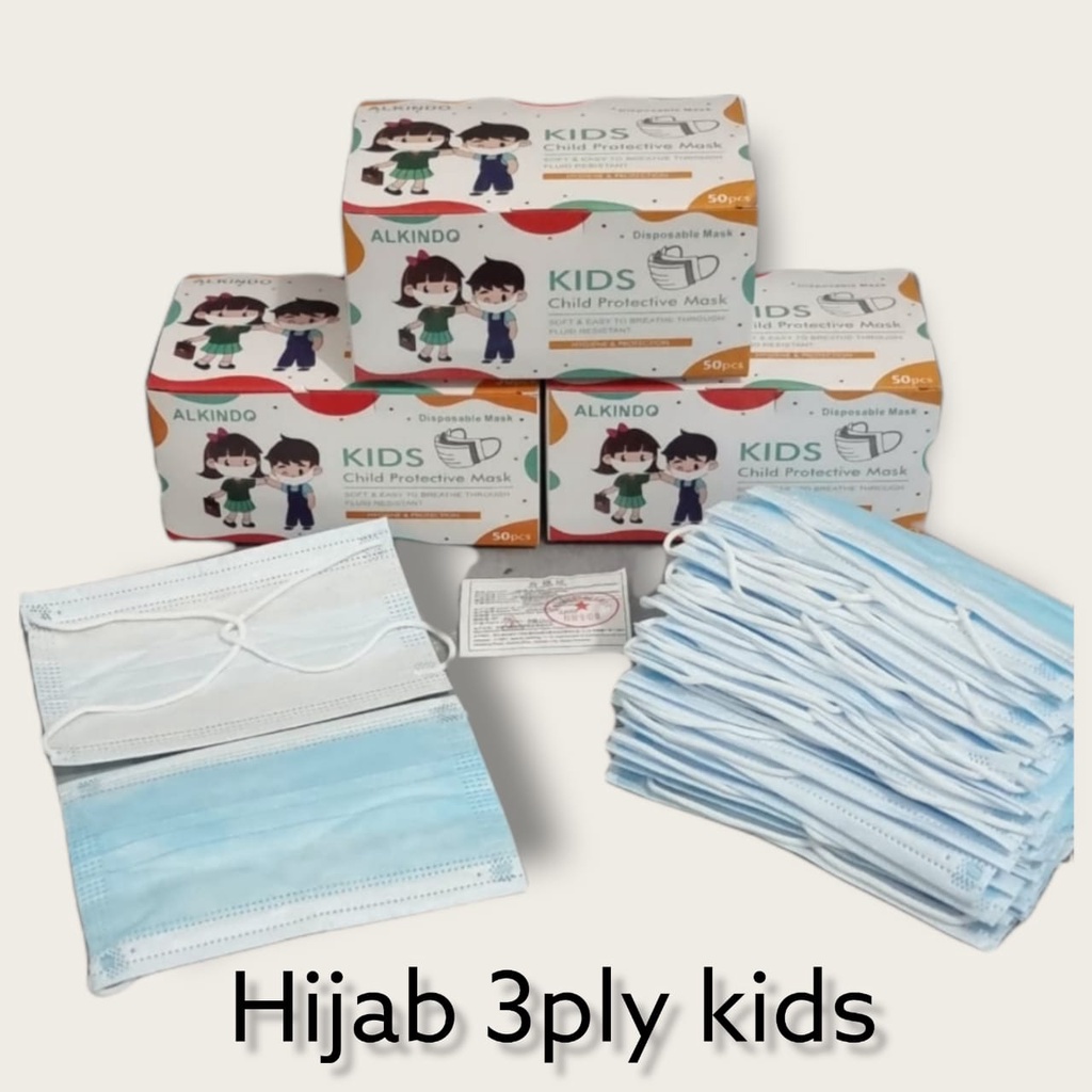 ALKINDO HIJAB ANAK Biru BOX ISI 50 PC - MASKER KIDS 3PLY HEADLOOP KEMENKES 4-14TH