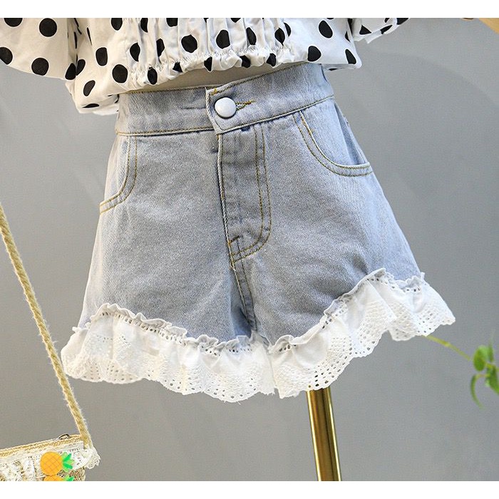 Baju Setelan impor Polkadot Hitam + Jeans Lace Anak perempuan Korea Style