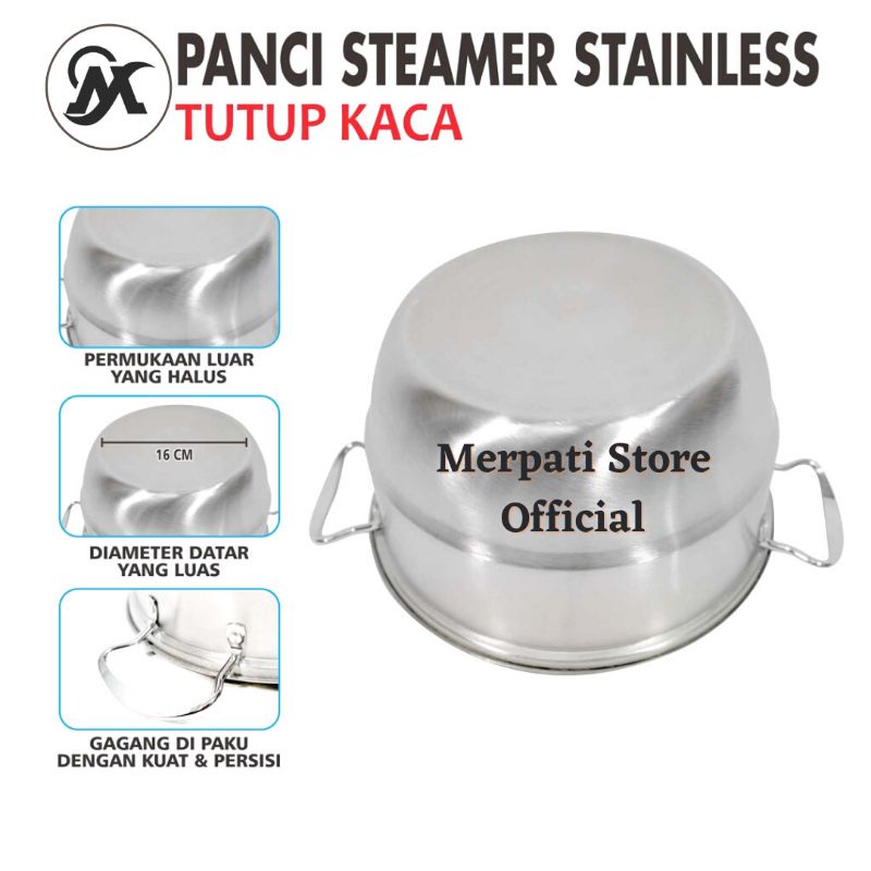 Merpati Store - Panci Kukus Panci Stainless 24cm / Kukusan Stainless Panci Kukusan Tutup Kaca Stainless Steel