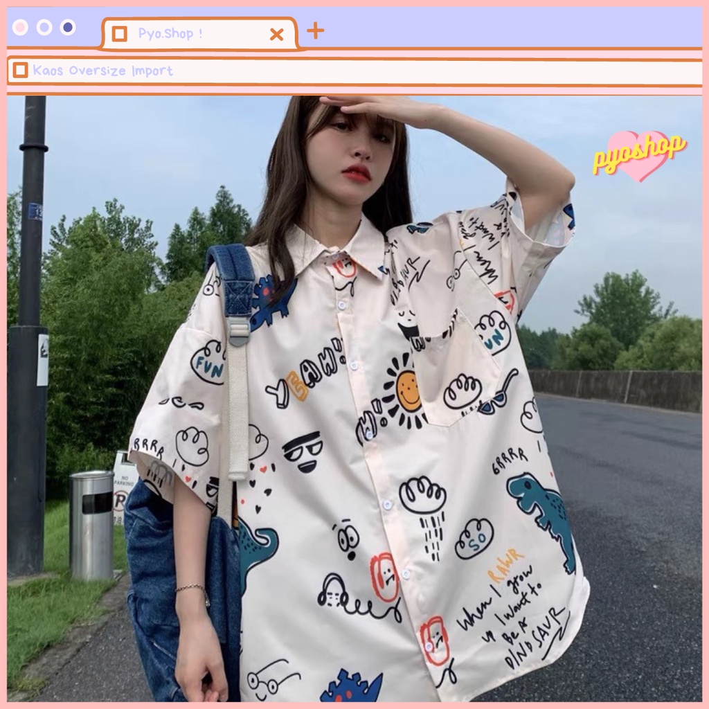 Kemeja Oversize Longgar Fullprint Motif Dinosourus