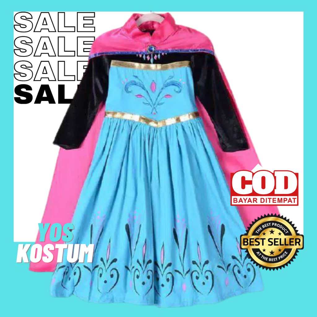 Kostum Anak Princess Anna Frozen Gaun Dress Panjang Perempuan Cewek Import Cosplay Ulang Tahun