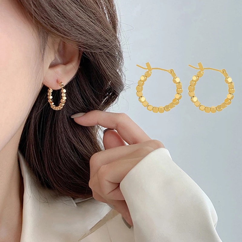 Anting Stud Bentuk Geometris Warna Emas Gaya Vintage Korea Minimalis Untuk Wanita