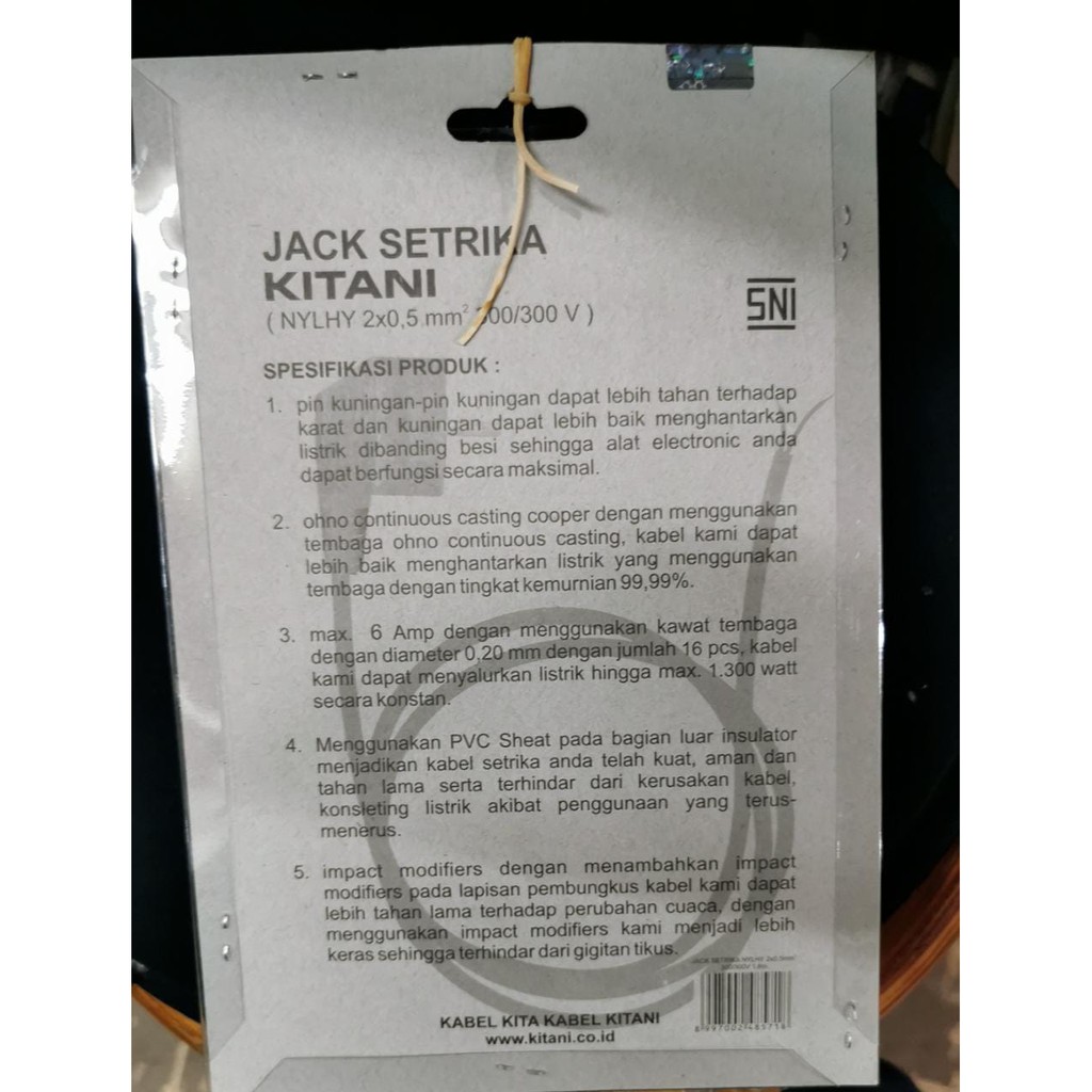 Kabel Setrika Jack Kitani 1.8m NYLHY 2 x 0.5mm Sparepart Strika Bahan Kabel Tebal