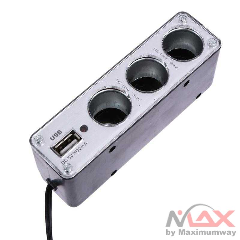 INcar Triple Socket 12V/24V Car Cigarette Lighter USB Power - WF-0096