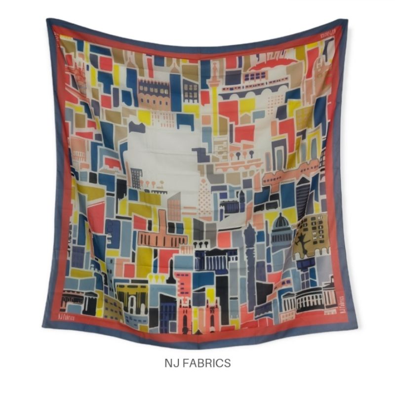 NJFabrics Populous Scarf Hijab Segi Empat Printing Wanita Voal Premium Putih Biru