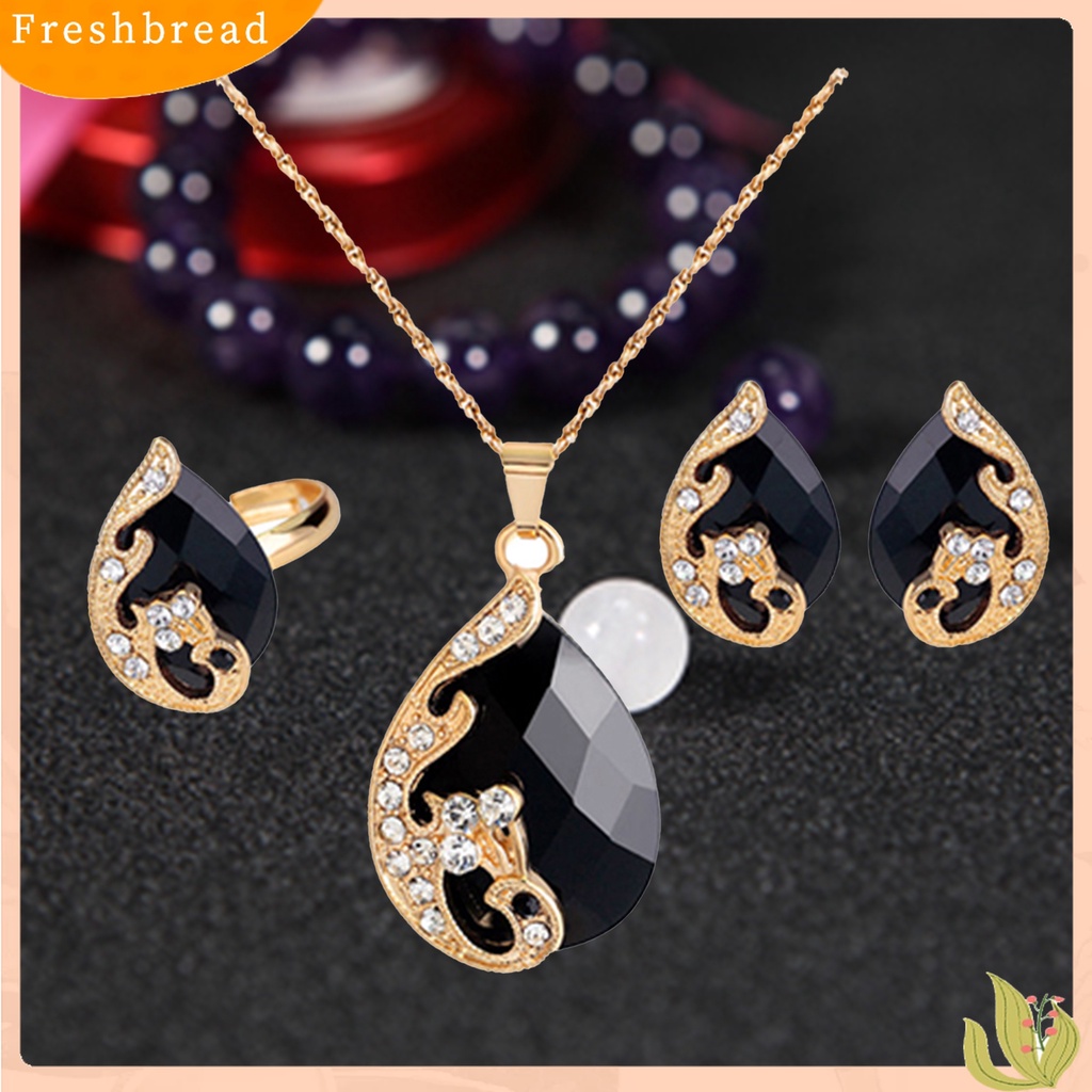 [Fresh] Set Perhiasan Kalung + Anting + Cincin Hias Berlian Imitasi untuk Wanita