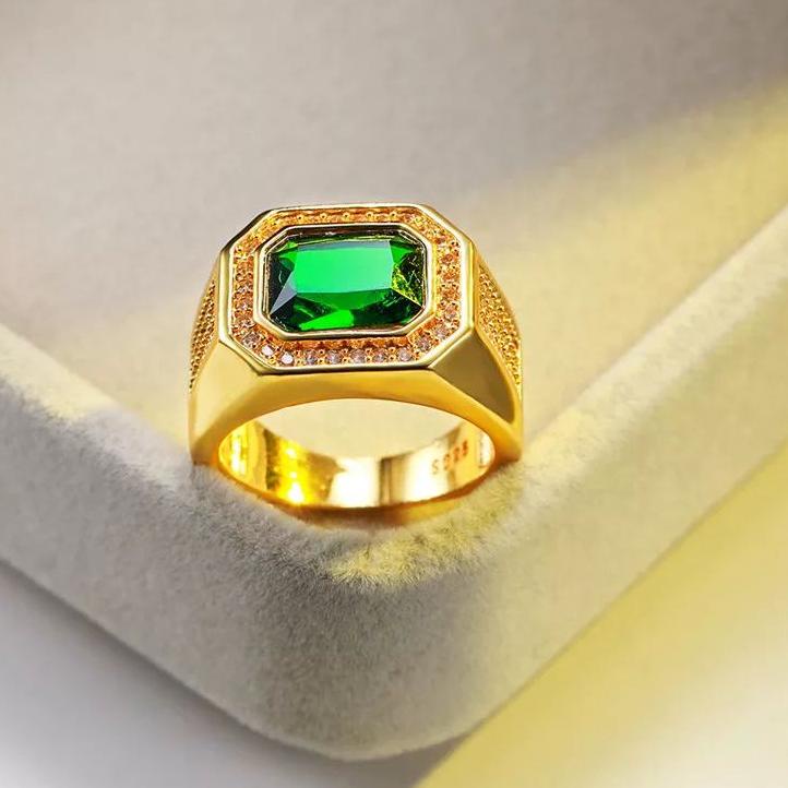 Terbaru.. Cincin Titanium Pria Lapis Emas Blue Safir & Green Zircon