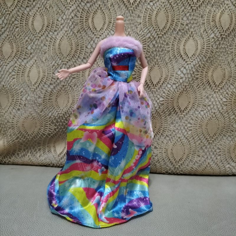 baju Barbie kupu pelangi layer bubble bulu ungu muda