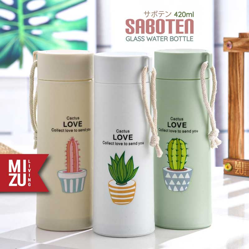 MIZU SABOTEN Glass Water Bottle Botol Air Minum Kaca BPA-Free Tumbler Kaktus