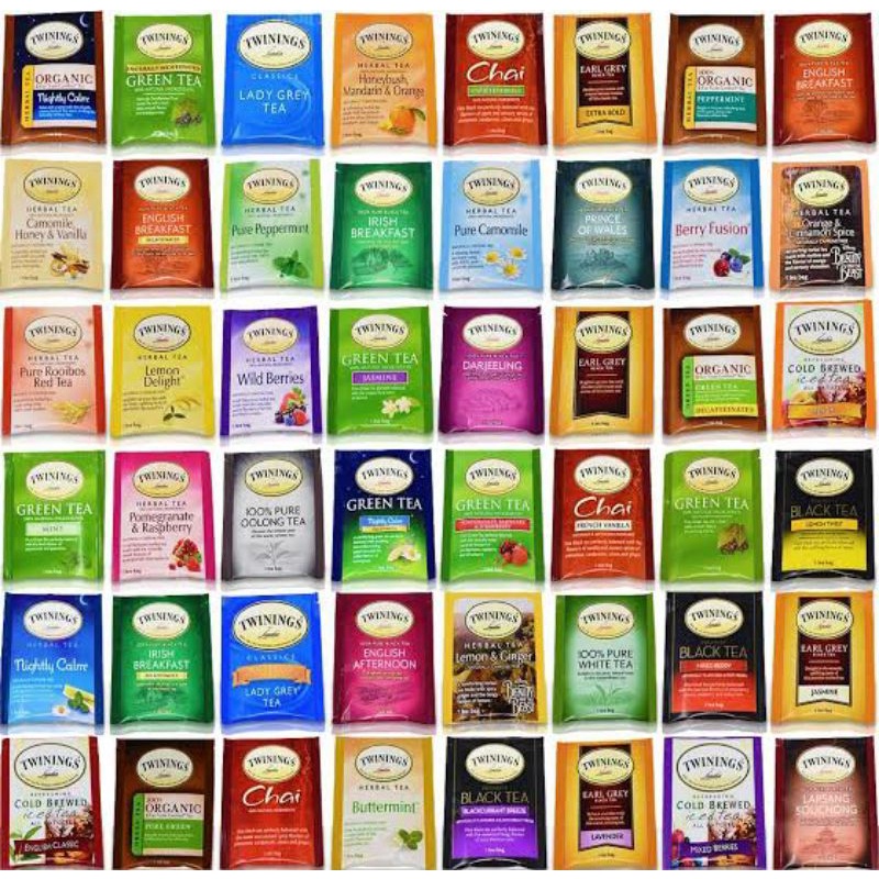 

Twinings Tea Christmas Tea , Blackcurrant Blueberry , Australian Afternoon , Camomile Spearmint , Cold Brewed Mixed Berries , Pomegranate Raspberry , Honeybush Mandarin & Orange , Berry Fusion , Prince of Wales , Green Tea Lemon