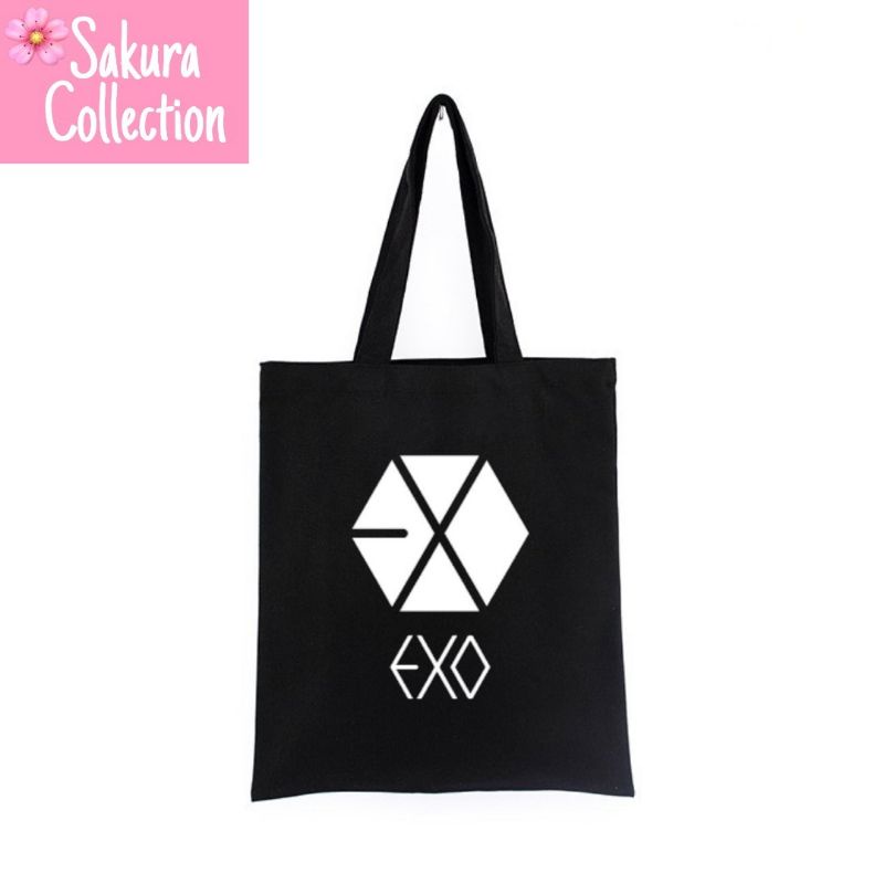 Tote bag tas EXO KPOP Korea Boyband tote bag resleting pria wanita unisex canvas kekinian hitam/black tas jinjing/laptop fashion