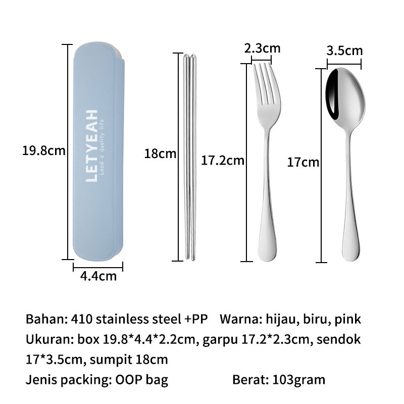 Letyeah &amp; Kaizenliving Cutlery Set Portable Travel / Sendok Garpu Sumpit Set Stainless Steel  3pc