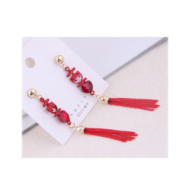 LRC Anting Tusuk Fashion Red 925 Silver Pin Love Tassel Earrings A59877