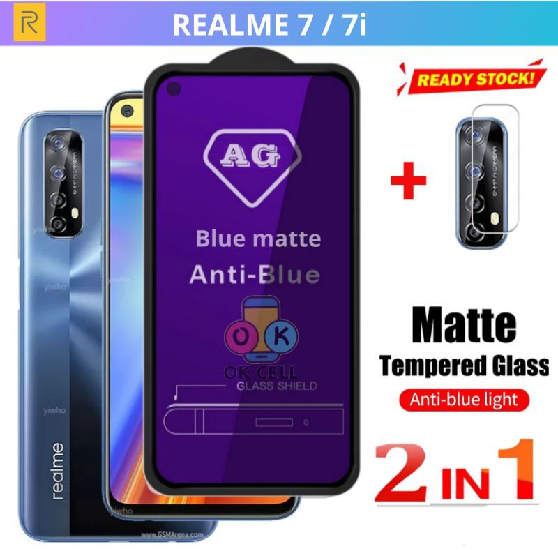 2IN1 - Tempered Glass blue Matte Ray Realme 7 7i TG Anti Gores Radiasi Full Layar Kamera Belakang