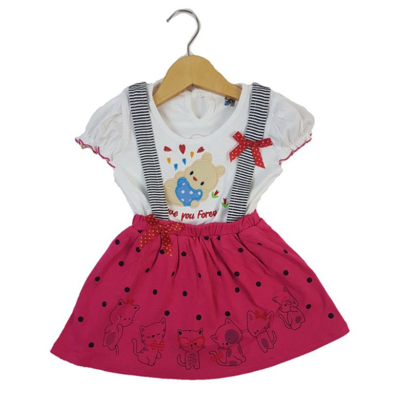 DRESS FASHION BAJU ANAK PEREMPUAN OVERALL MOTIF KUCING MEOW POLKADOT