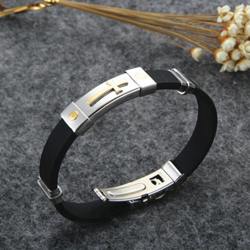 [Z H Perhiasan] Hip Hop Rock Retro Pria Fashion Stainless Steel Silikon Salib Gelang Pesta Perhiasan Aksesoris