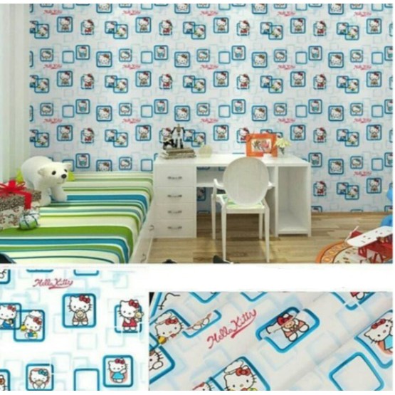 Wallpaper Sticker 5319-1 Hellokity Kotak Biru / Wallpaper Sticker Termurah / 9mx45cm