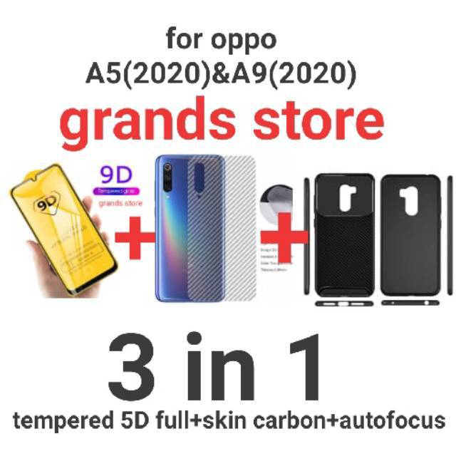 (3 in 1)Tempered glass 5d full + skin carbon +softcase autofocus oppo A5(2020)-A9(2020)-A31(2020)