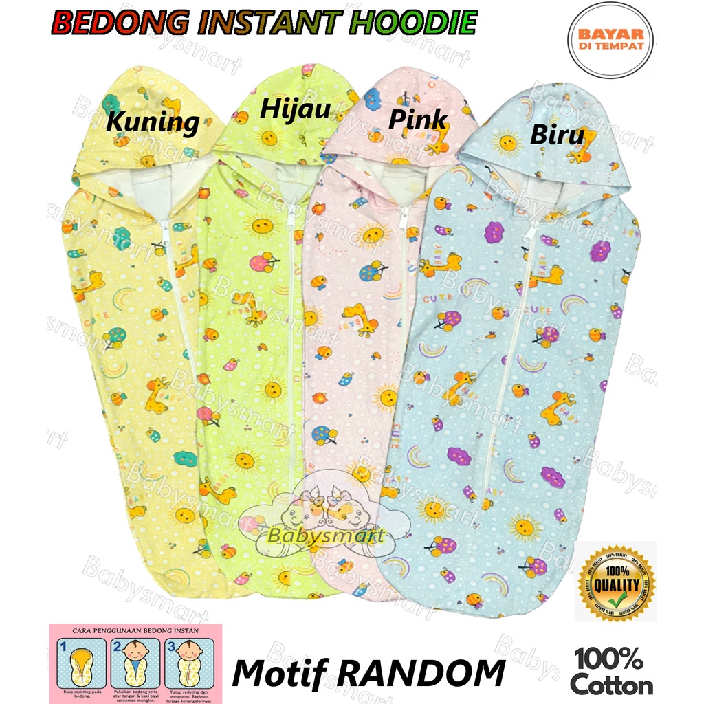 Babysmart - 1 PCS Bedong Bayi Instant dengan topi / Bedong HOODIE Motif RANDOM RYN'S Bahan 100% Katun