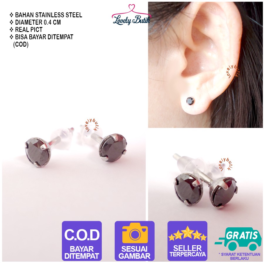 Lovelybutik - Anting Permata Hitam Anting Stainless Anti Karat Ukuran 0,5 Ukuran 0,4 Ukuran 0,3