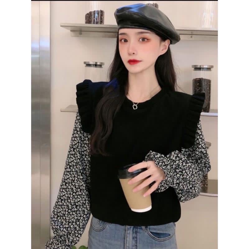 FC- Atasan Mindi Rumple Combine Crop Top Wanita Korean Style-Blouse Lengan