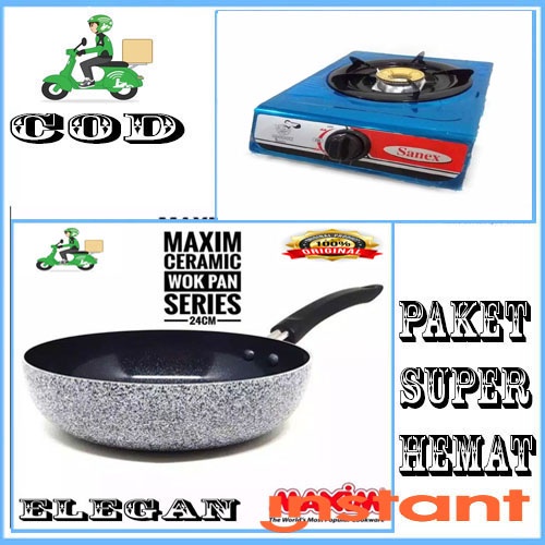 PAKET ISI 2 PCS MAXIM NEOSTONE DEEP WOK 24 CM + KOMPOR 1 TUNGKU STENLIS MANTAP