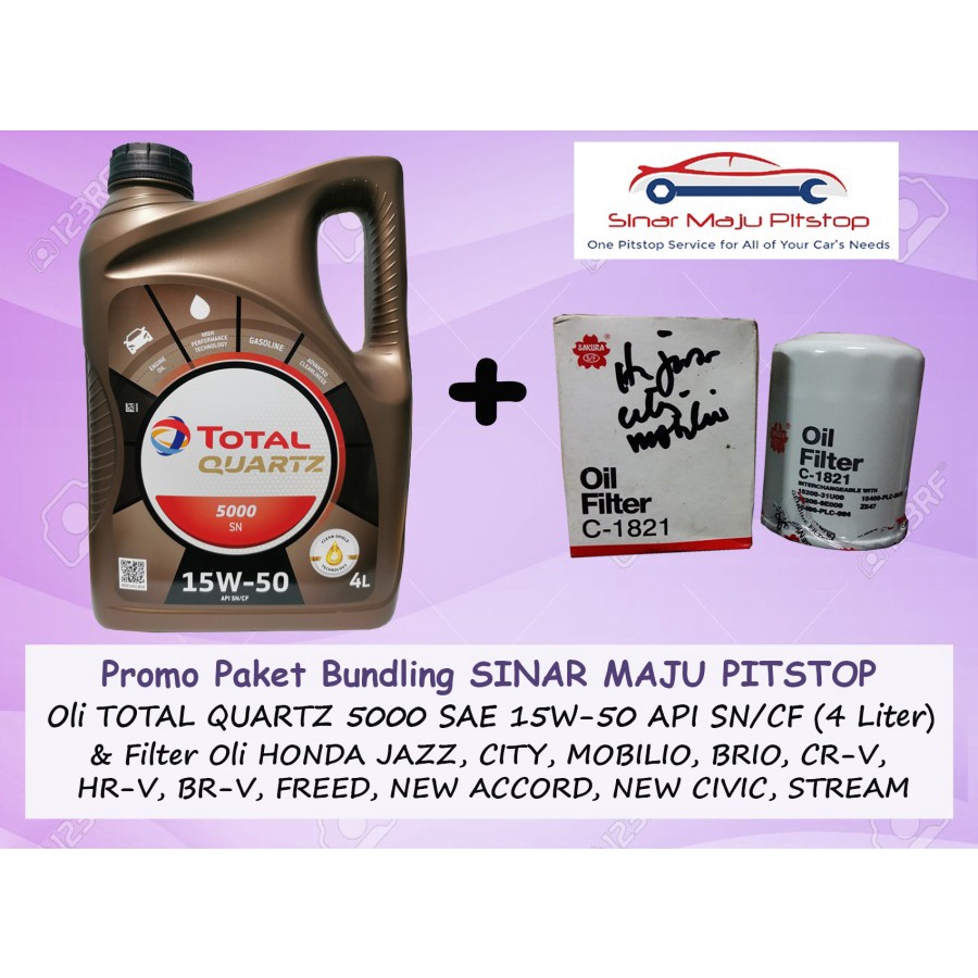 Paket Bundling Oli TOTAL QUARTZ 5000 SAE 15W-50 API SN/CF Original 4 Liter MADE IN SINGAPORE & Filte