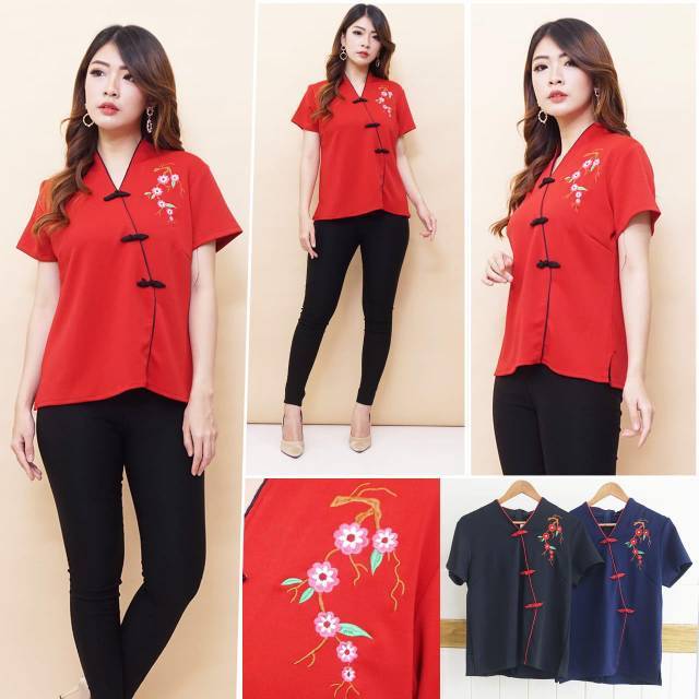 PROMO IMLEK Atasan Cheongsam Lokal Motif Bunga Sakura