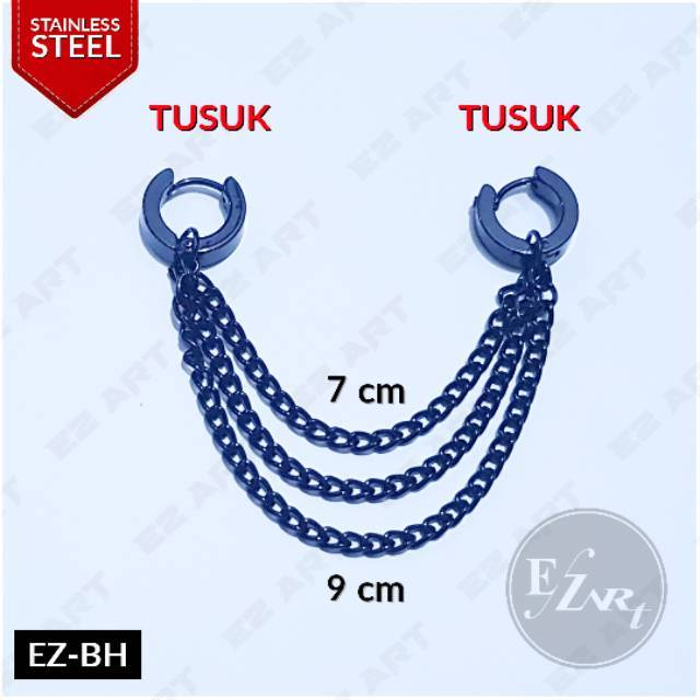 1Pc Model EZ-BH Black Hitam Anting Pria Wanita Jepit Tusuk Sambung Tiga Rantai Triple Helix