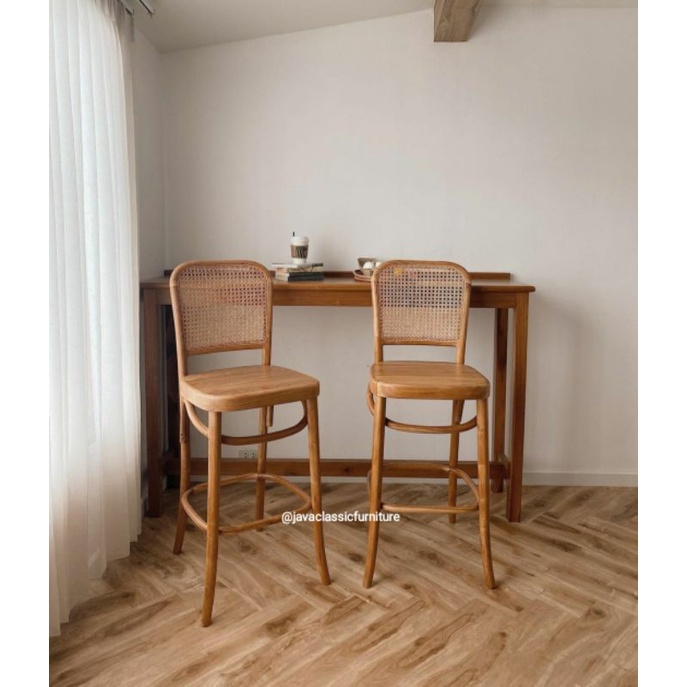 1SET KURSI MEJA BAR CAFE RESTORANT RETRO ROTAN MINIMALIS VINTAGE KAYU JATI TUA GRADE A FINISHING NATURAL DOFF FURNITURE JEPARA-4