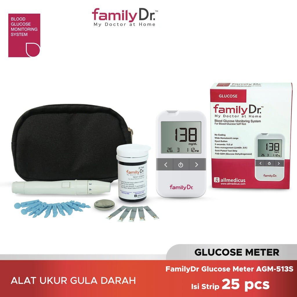 FAMILY DR ALAT CEK GULA DARAH + 25 PCS STRIP TEST GULA DARAH / BLOOD GLUCOSE MONITORING SYSTEM AGM-513S + 25 PCS TEST STRIP FOR BLOOD GLUCOSE - (FREE POUCH)