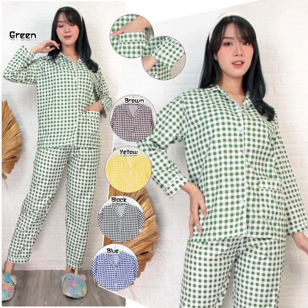 BAJU TIDUR PIYAMA KATUN PREMIUM WANITA MOTIF  KOTAK LENGAN PENDEK/PANJANG