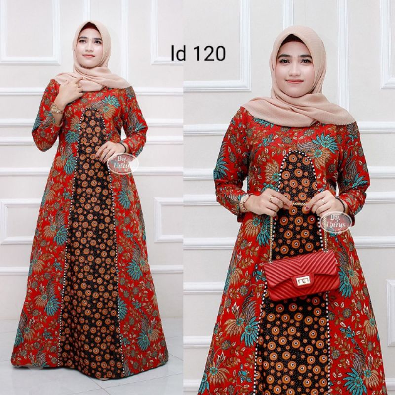 gamis batik jumbo kombinasi varian merah/ gamis batik Ld jumbo ( LD 110- 140)modern/ gamis muslimah