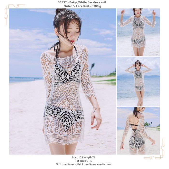 SALE 36537 BACKLESS KNIT OUTER /DRESS PANTAI OUTER RENDA HITAM KREM - PUTIH