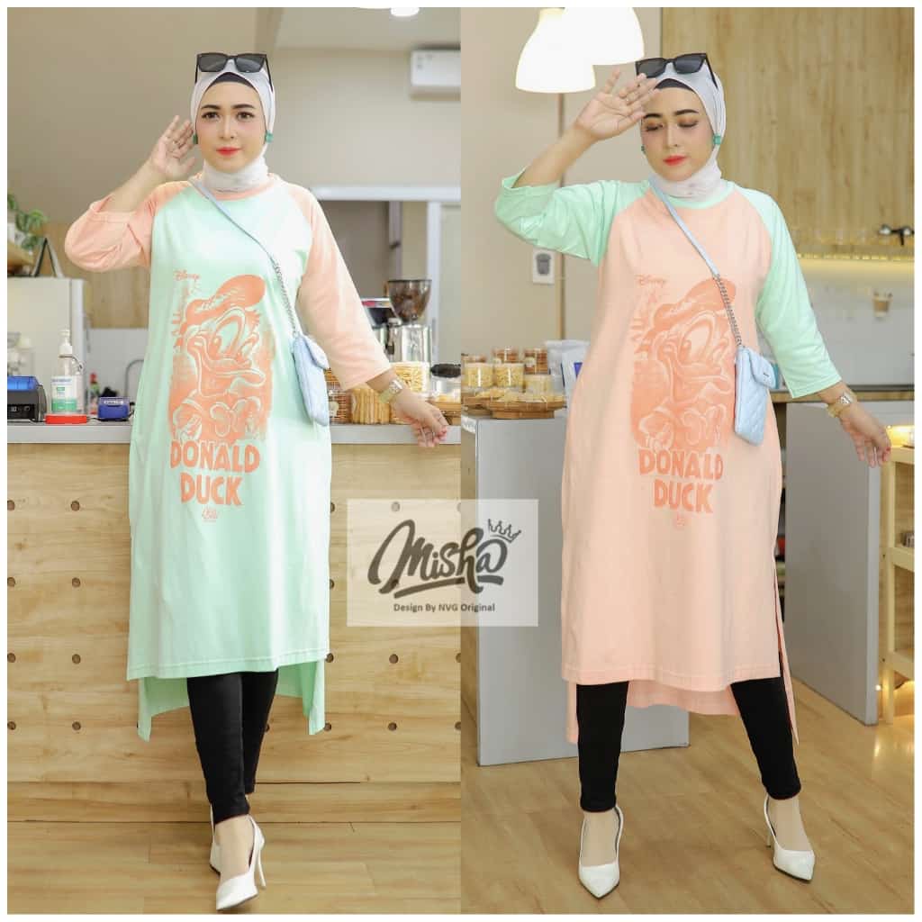 TUNIK KAOS REGLAN GAMBAR DONALD DUCK / PRODUK MISHA BY NVG ORIGINAL / LONG TUNIK KOMBINASI WARNA PRI
