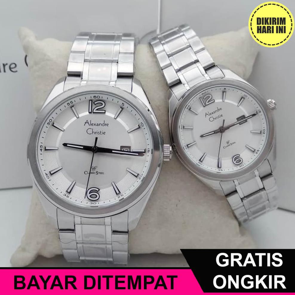 (BAYAR DITEMPAT) OE4246 JAM TANGAN PASANGAN ALEXANDER CRISTIE ORIGINAL AC 8583 MD LD FULL SILVER