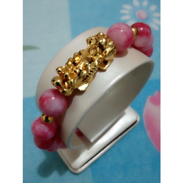 Gelang Batu Pink + Pixiu Mas 10mm / M1 Pink + Kotak mewah