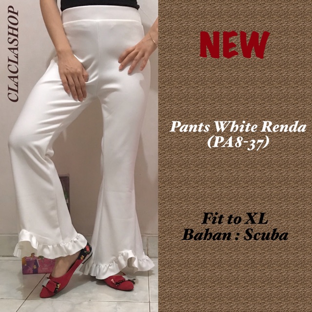 Celana Cutbray Putih Scuba Renda Premium|Pants Panjang Cutbray Putih Ruffle|White Kulot Pants