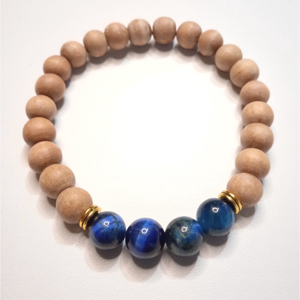 Gelang Batu Original Handmade Kayu Cendana Kombinasi Batu Alam Blue Tiger Eye