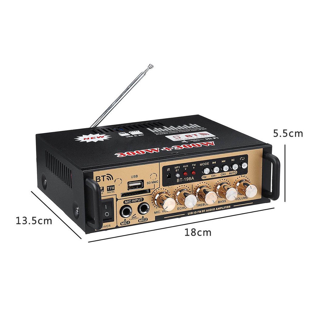 Amplifier bt-198A Bluetooth Stereo Karaoke + Mp3 player + FM Radio Power Amplifier AC DC