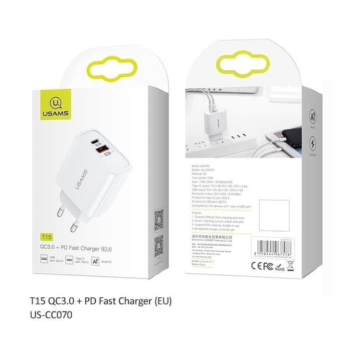 USAMS T15 Charger hp adaptor QC 3.0 + PD Fast Charging Qualcomm -18W-