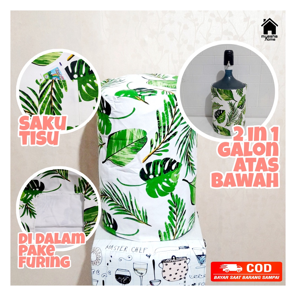 Cover Galon Dispenser Atas Sarung Galon Dispenser Bawah Motif Green Leaves