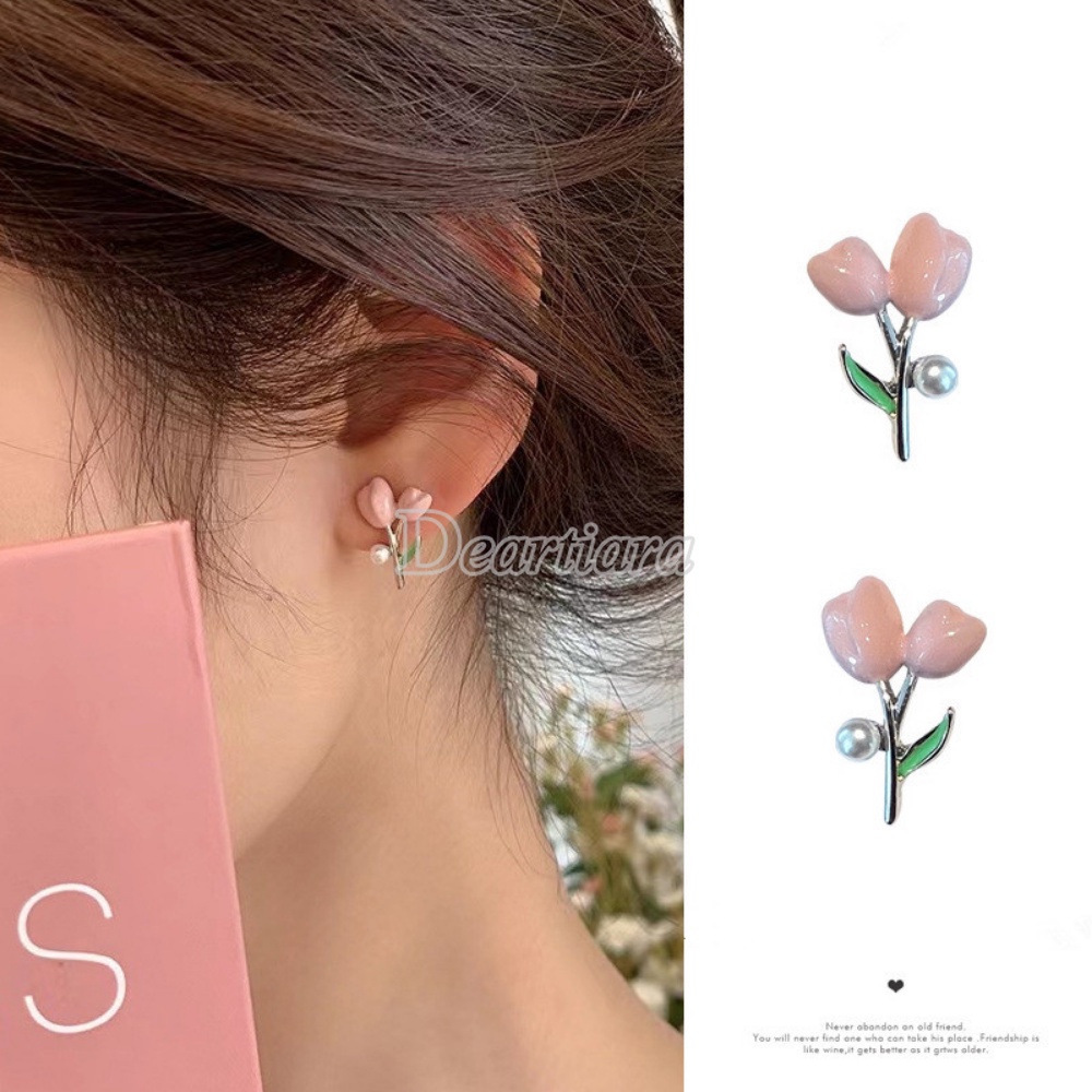 Anting Stud Desain Bunga Tulip Pink Aksen Mutiara Untuk Wanita