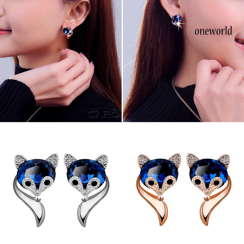 OW@ Cute Cartoon Fox Shape Rhinestone Ear Studs Earrings Fashion Women Jewelry Gift