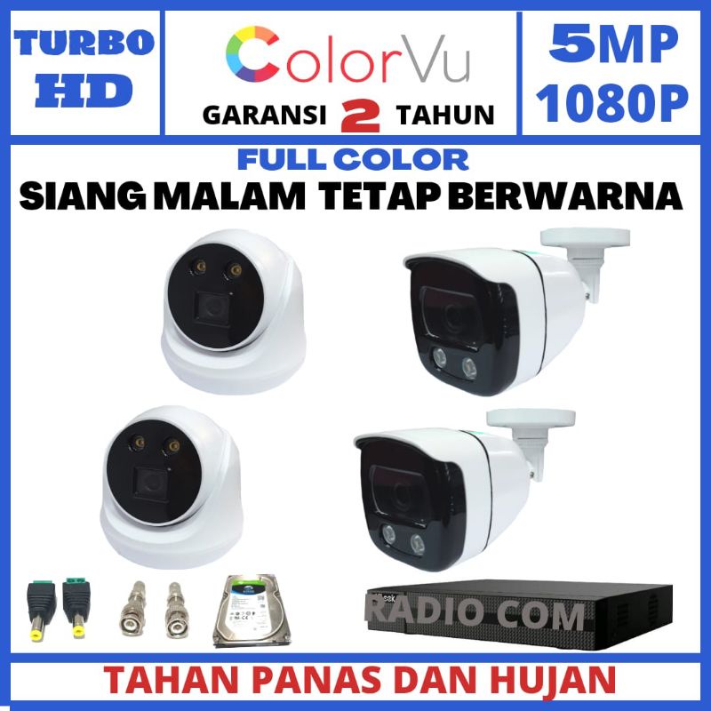 paket cctv color vu 4 channel 4 camera 5mp 1080p turbo hd ir sony exmor siang malam tetap berwarna