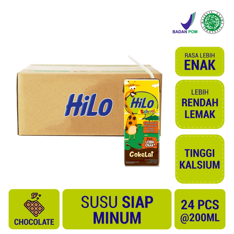 

1 Karton - HiLo School Chocolate Ready To Drink RTD 200 ml (24 tetrapack) - Susu Tinggi Kalsium Rendah Lemak